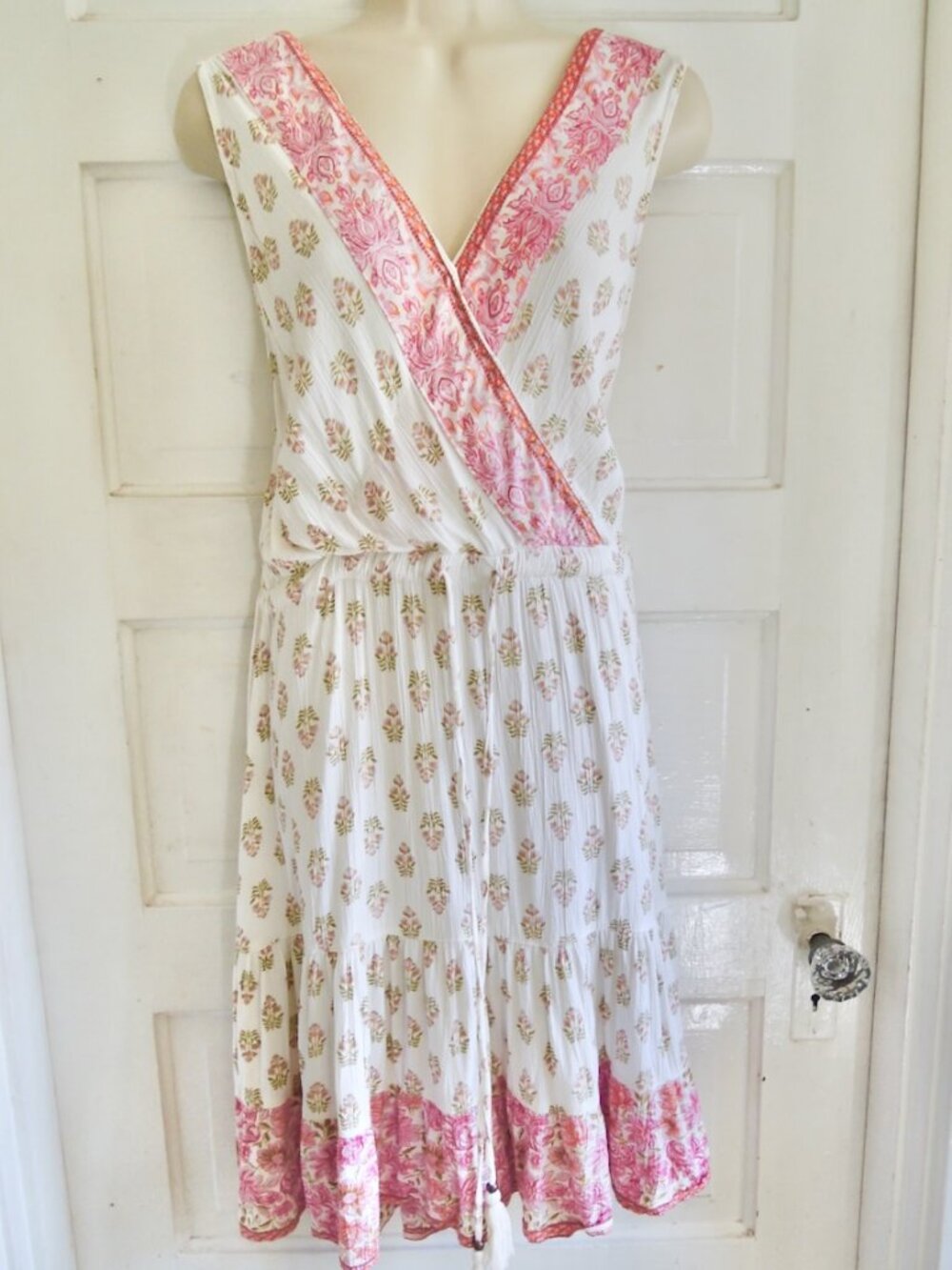 Nostalgia Pink & White Floral Sleeveless Drawstring Hippie Dress S